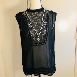 High neck Embroidered Black Sheer Top